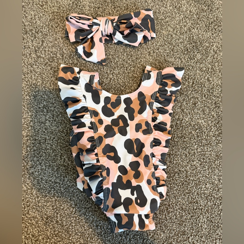 Mud Pie leopard Baby Swimsuit w/ bow